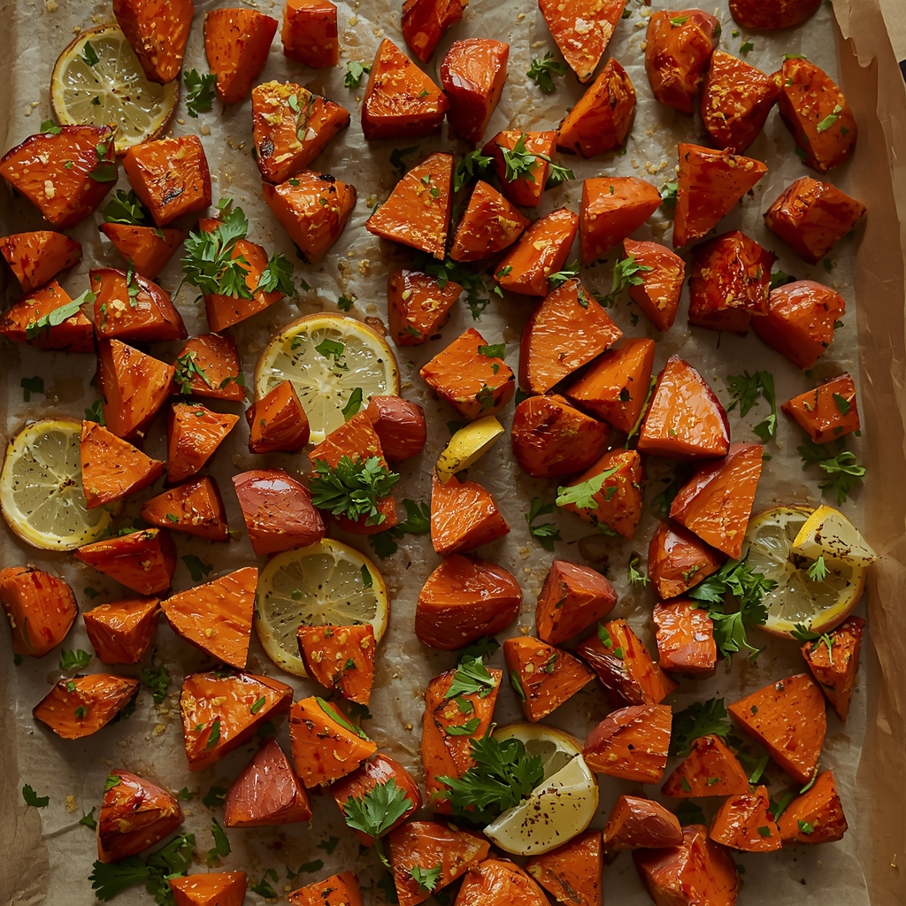 Roasted Sweet Potatoes – Simple Healthy Recipe | Bona Sanita 2 Golden roasted sweet potato chunks with fresh herbs and lemon zest on parchment paper