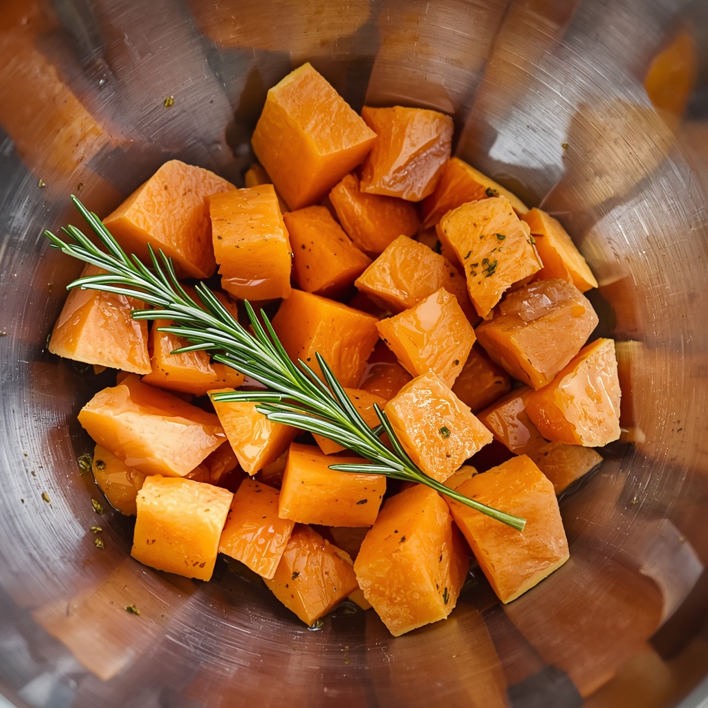 Roasted Sweet Potatoes – Simple Healthy Recipe | Bona Sanita 3 Sweet potato cubes tossed with olive oil, fresh rosemary and thyme in mixing bowl
