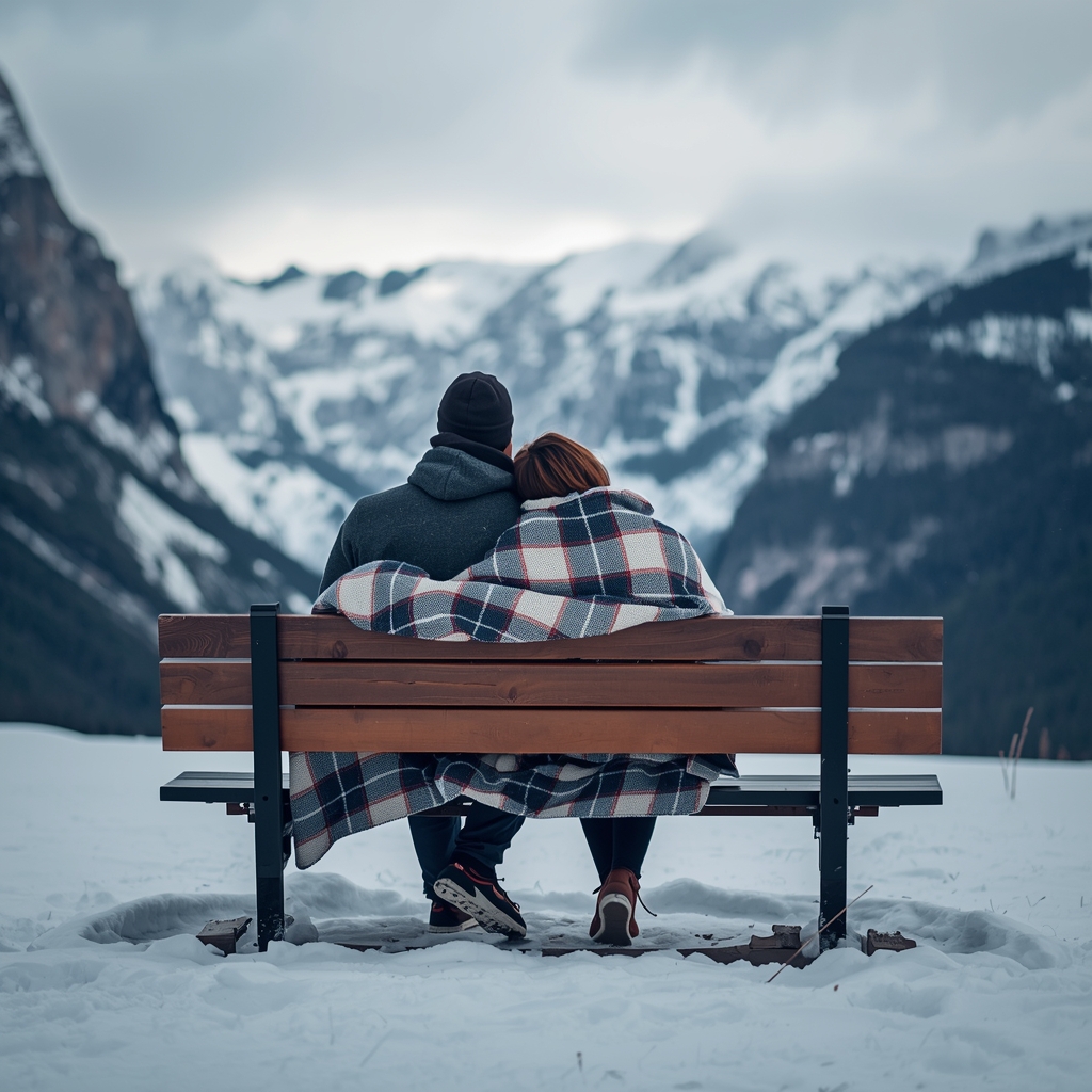 Couple blotti sous une couverture rose dans un paysage montagneux enneigé, assis ensemble sur un banc blanc — connexion comme bien-être mental