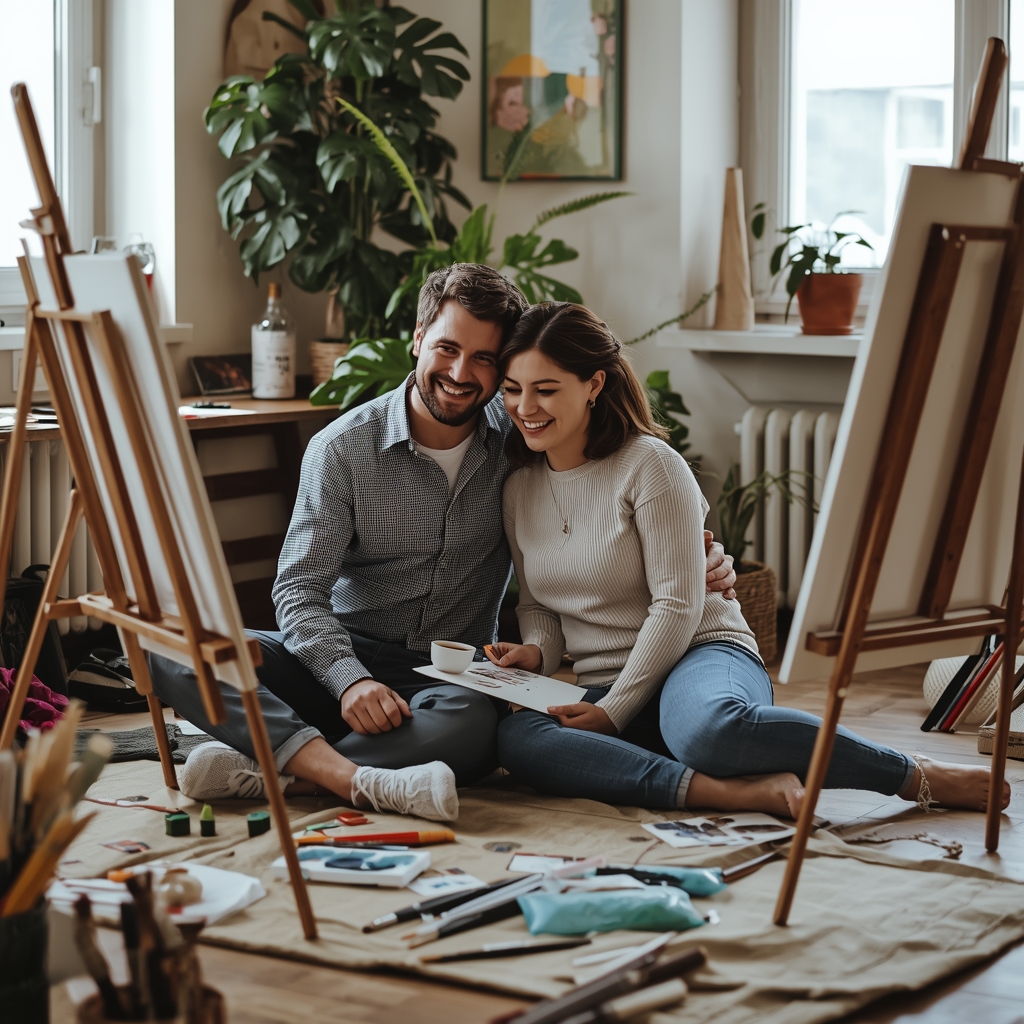 Gestión natural del estrés | Bona Sanitas 2 Pareja sentada en el suelo pintando juntos en un estudio acogedor, rodeados de pinceles y pinturas — actividad creativa para aliviar el estrés