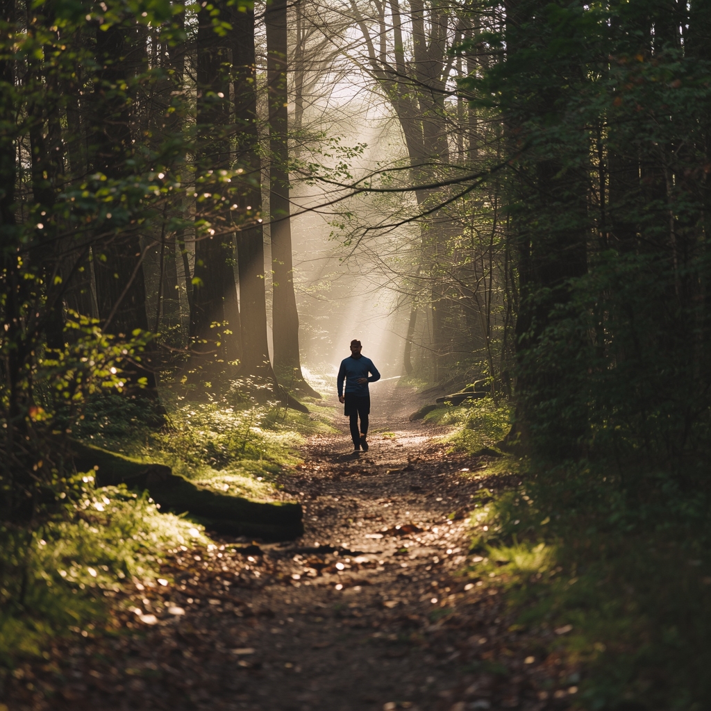 Gestión natural del estrés | Bona Sanitas 3 ersona caminando por un sendero en el bosque con luz suave de la mañana — práctica natural para gestionar el estrés
