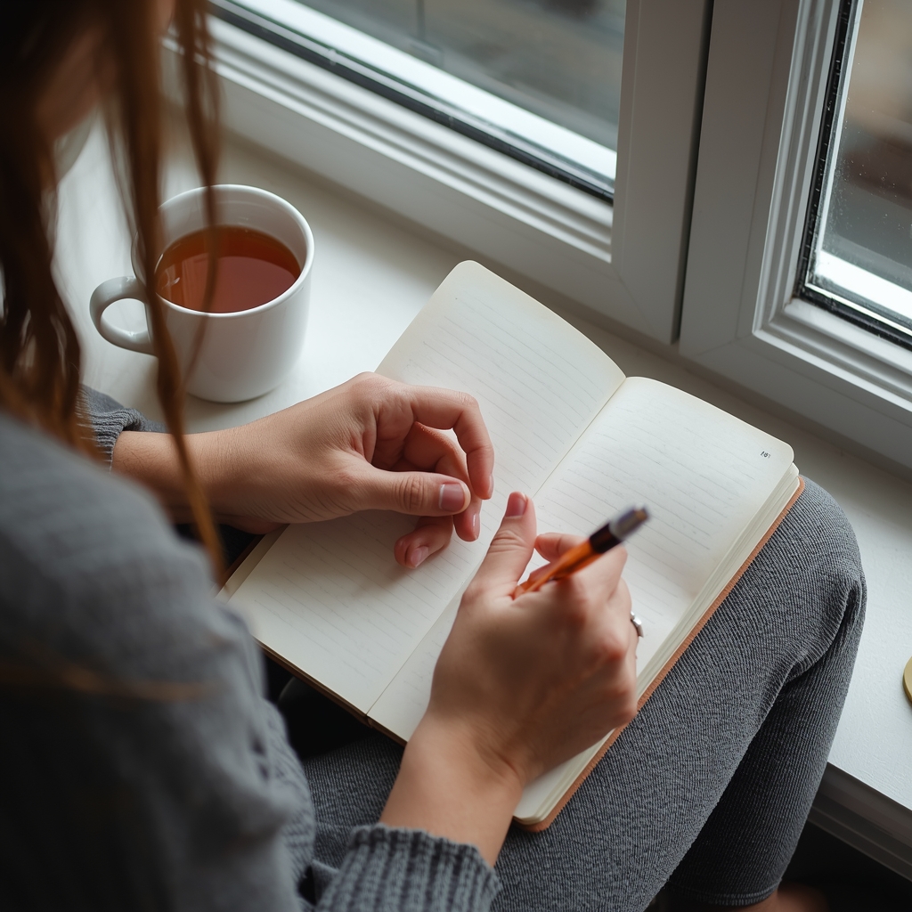 Gestión natural del estrés | Bona Sanitas 4 Persona escribiendo en un diario junto a una ventana con una taza de infusión, practicando la atención plena como herramienta de gestión del estrés