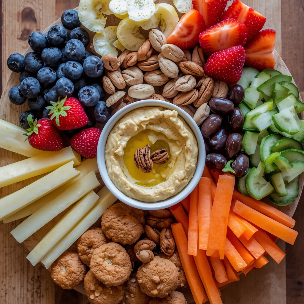Assortiment coloré de collations à base d'aliments entiers : fruits, noix, légumes et houmous sur une planche en bois