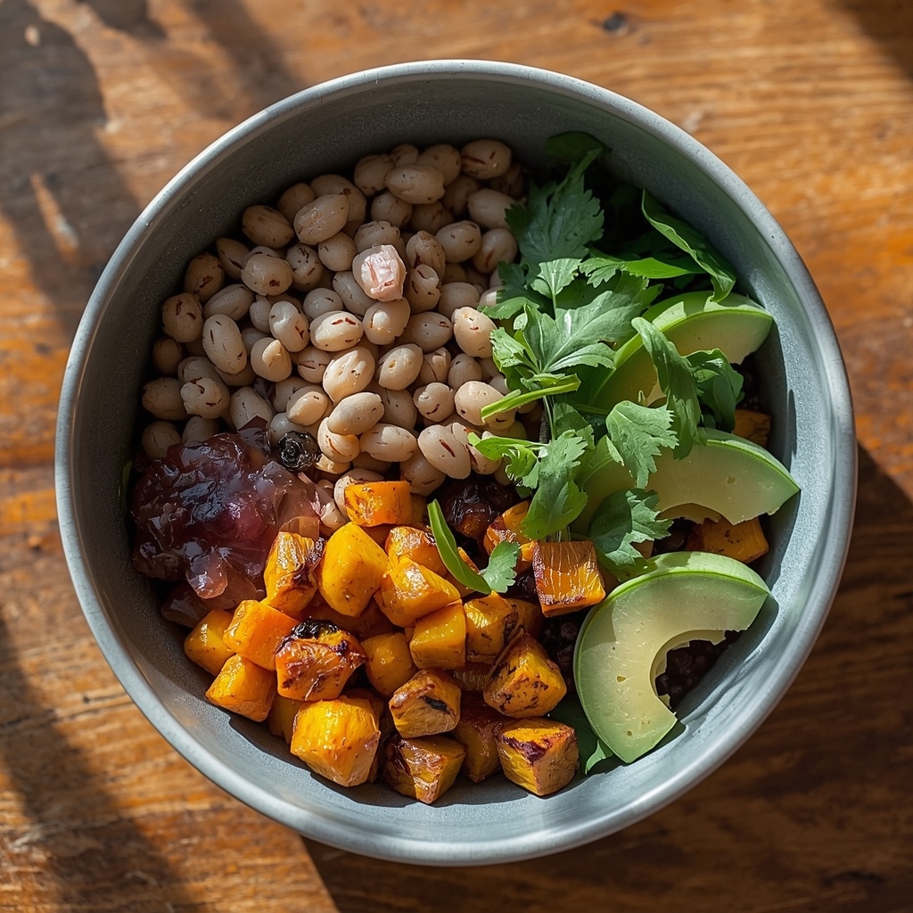 Bol repas équilibré avec céréales complètes, légumes rôtis, protéines et verdure sur une table en bois éclairée naturellement