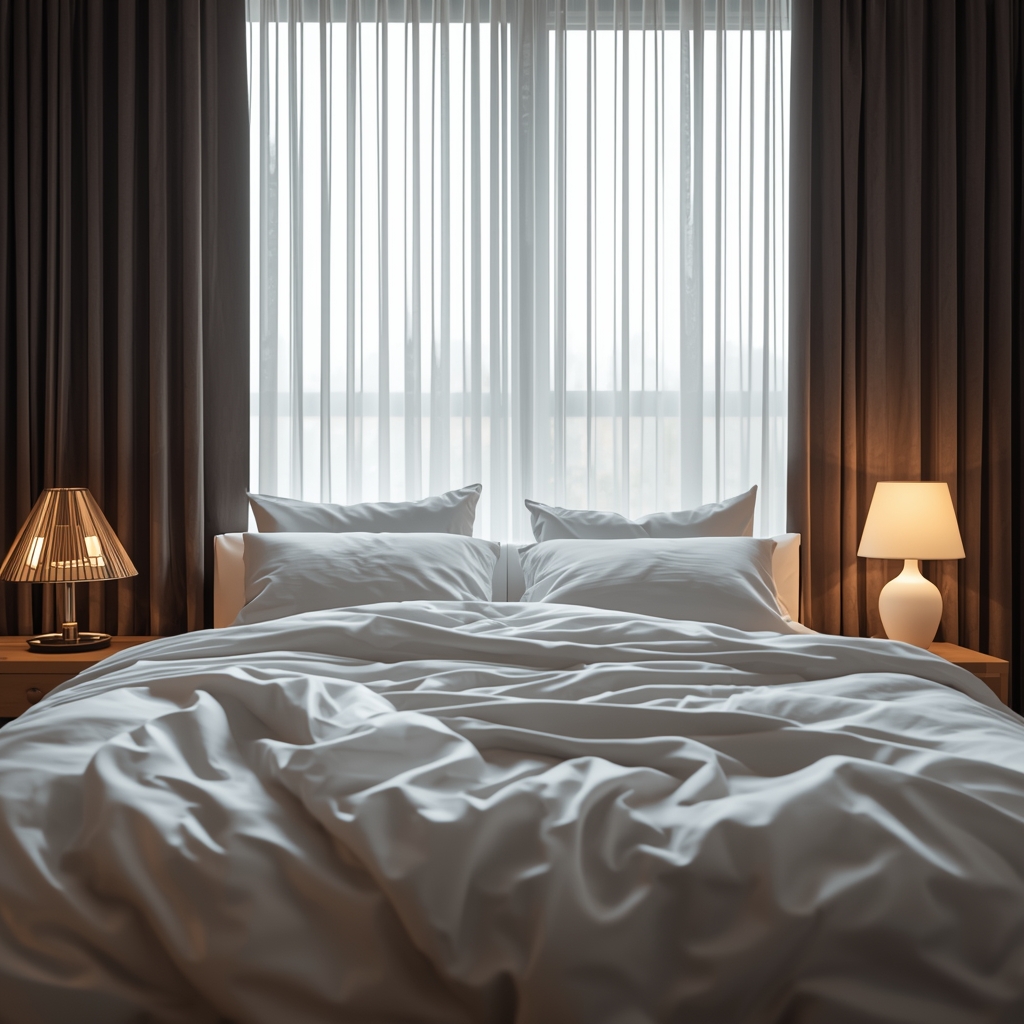 Chambre à coucher apaisante avec lumière tamisée, rideaux occultants et oreillers blancs disposés pour un sommeil optimal