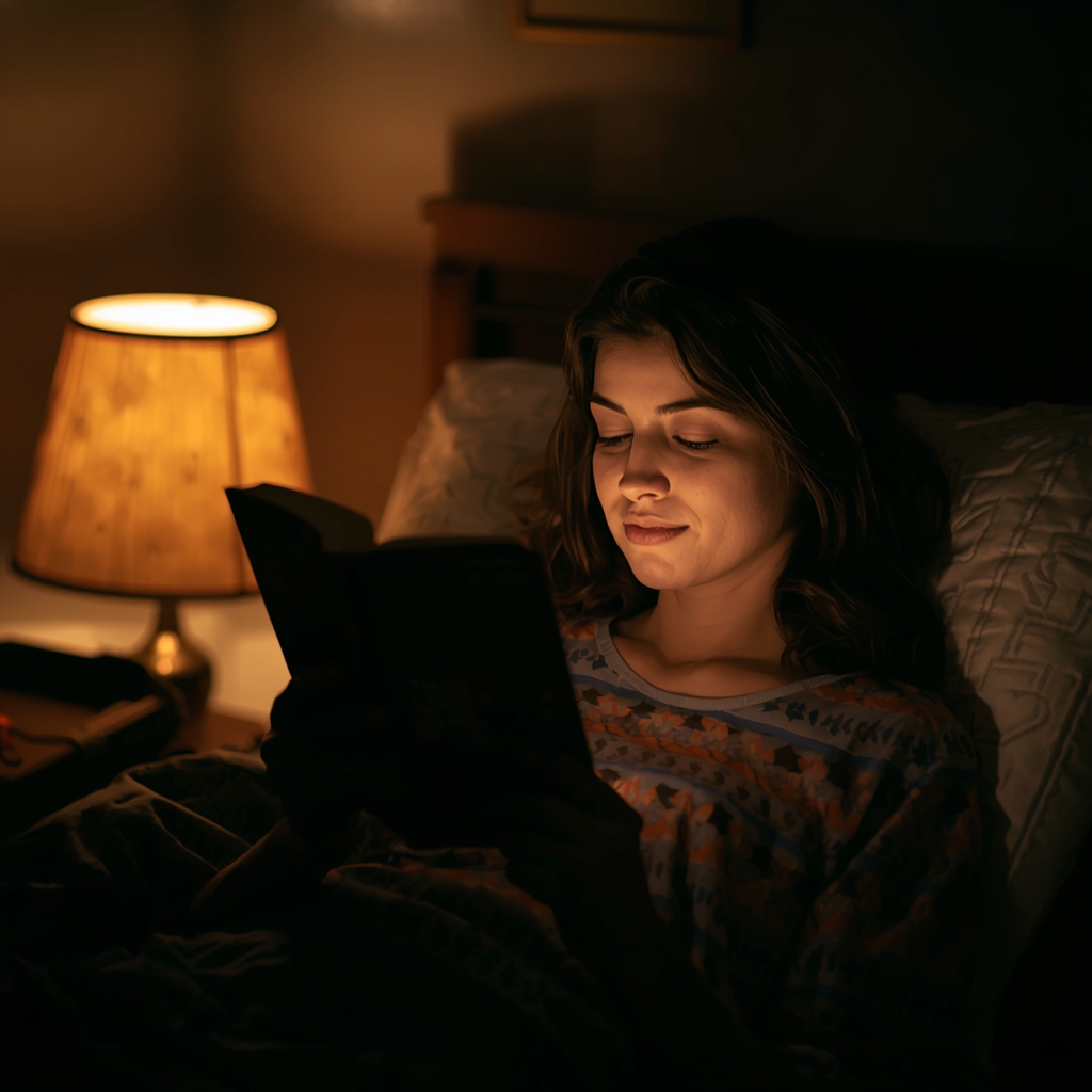 Personne lisant un livre à la lumière douce d'une lampe de chevet dans le cadre d'une routine de détente avant de dormir