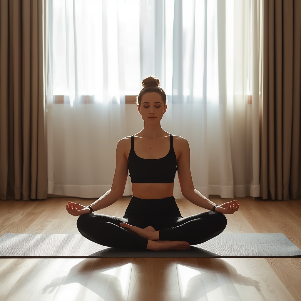 Woman meditating in lotus position on yoga mat in a calm, minimalist room with natural light filtering through curtains