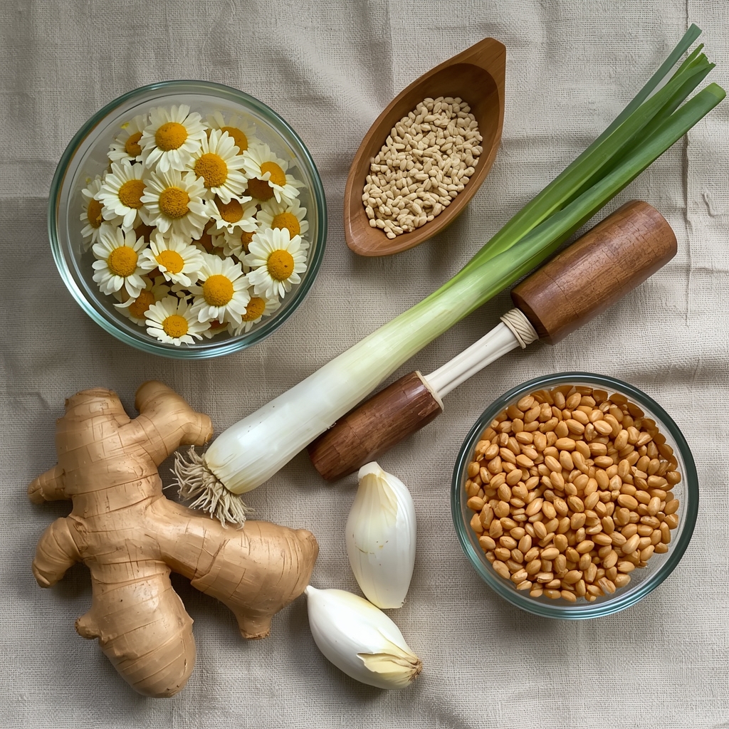 The Importance of a Healthy Digestion | Bona Sanitas 4 Selection of gut-friendly foods including ginger root, chamomile flowers, garlic, leeks and whole grains arranged on a linen cloth, representing natural digestive support