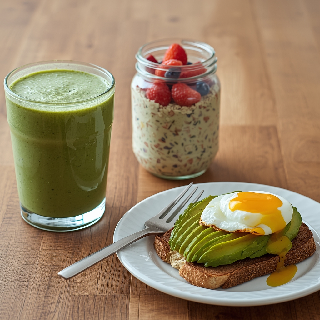 3 Energizing Breakfasts to Start Your Day Right | Bona Sanitas 2 Green power smoothie in a tall glass with fresh spinach leaves and chia seeds visible, on a light kitchen counter with almond milk in the background