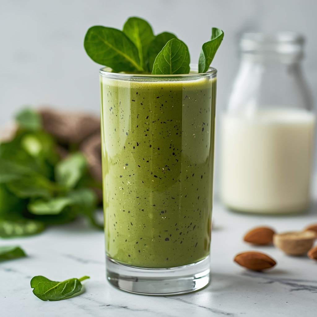 3 Energizing Breakfasts to Start Your Day Right | Bona Sanitas 3 Green power smoothie in a tall glass with fresh spinach leaves and chia seeds visible, on a light kitchen counter with almond milk in the background