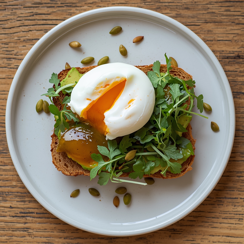 3 Energizing Breakfasts to Start Your Day Right | Bona Sanitas 4 Avocado toast on whole-grain bread topped with a perfectly poached egg, pumpkin seeds and microgreens on a white ceramic plate
