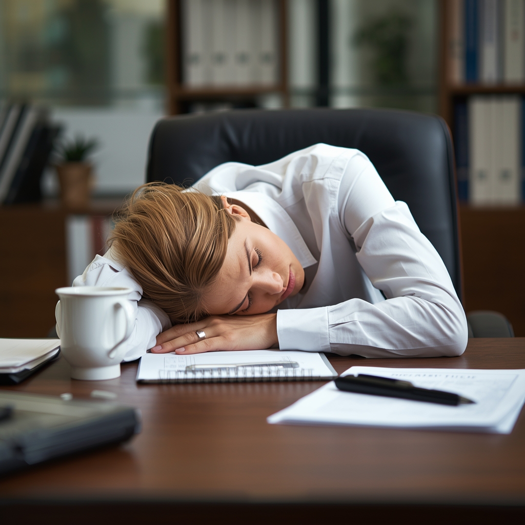 L’aliment qui vous épuise à 15h | Bona Sanitas 2 Personne affaissée de fatigue sur son bureau au bureau en milieu d'après-midi, illustrant le coup de pompe de 15h causé par de mauvais choix alimentaires au déjeuner