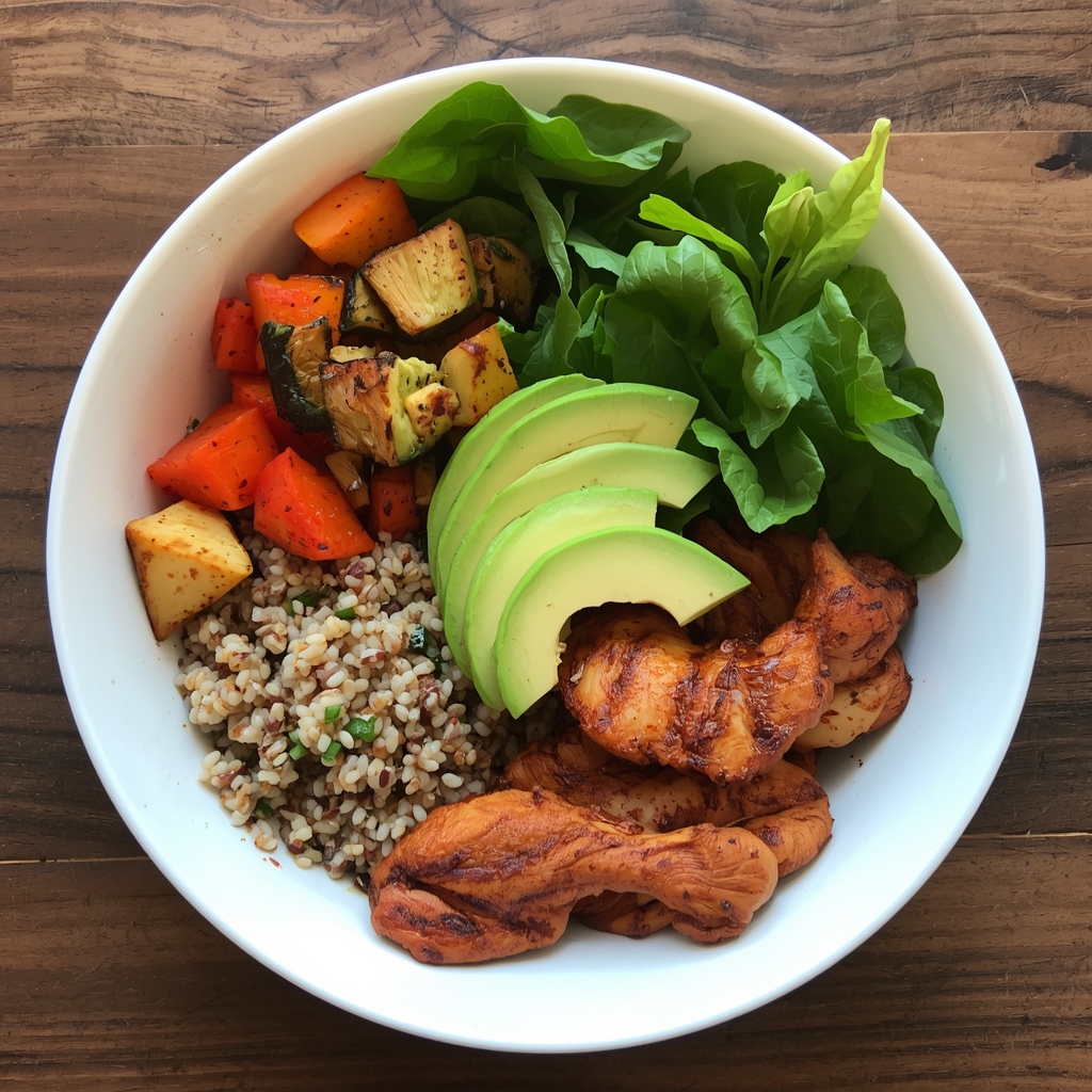 L’aliment qui vous épuise à 15h | Bona Sanitas 3 Bol de déjeuner équilibré avec quinoa, poulet grillé, légumes rôtis, avocat et légumes verts sur une table en bois, représentant un repas de midi qui soutient l'énergie tout l'après-midi