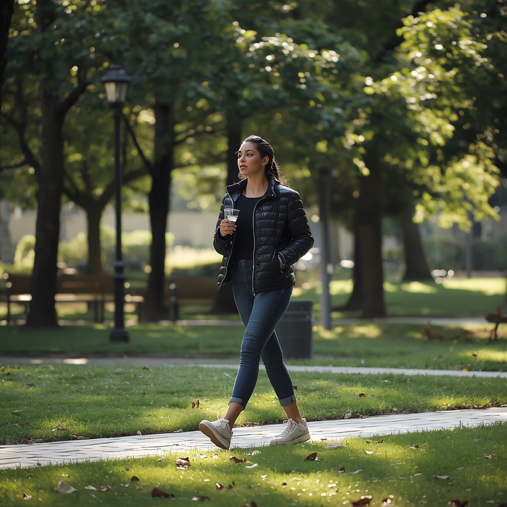 L’aliment qui vous épuise à 15h | Bona Sanitas 4 Personne faisant une courte promenade en extérieur après le déjeuner dans un parc en ville avec la lumière du soleil filtrant à travers les arbres, illustrant le mouvement post-repas pour prévenir le coup de pompe