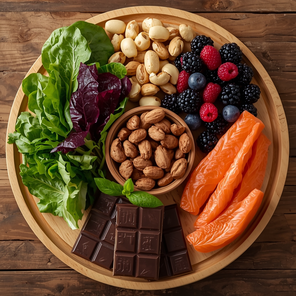 Healthy foods supporting circulation and erectile health including leafy greens, berries, nuts, fatty fish and dark chocolate arranged on a wooden board