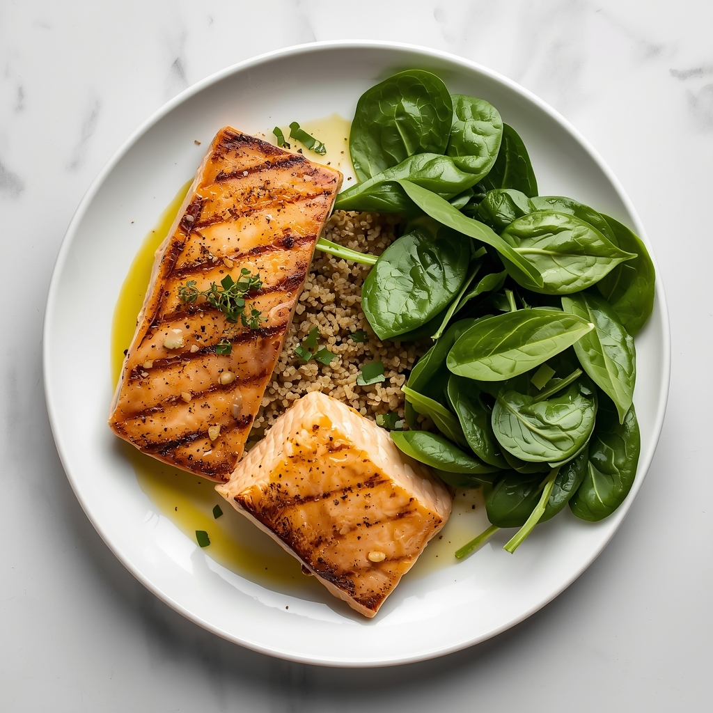 Mediterranean-style meal with grilled salmon, quinoa, spinach salad and olive oil dressing on a white plate, supporting erectile and cardiovascular health
