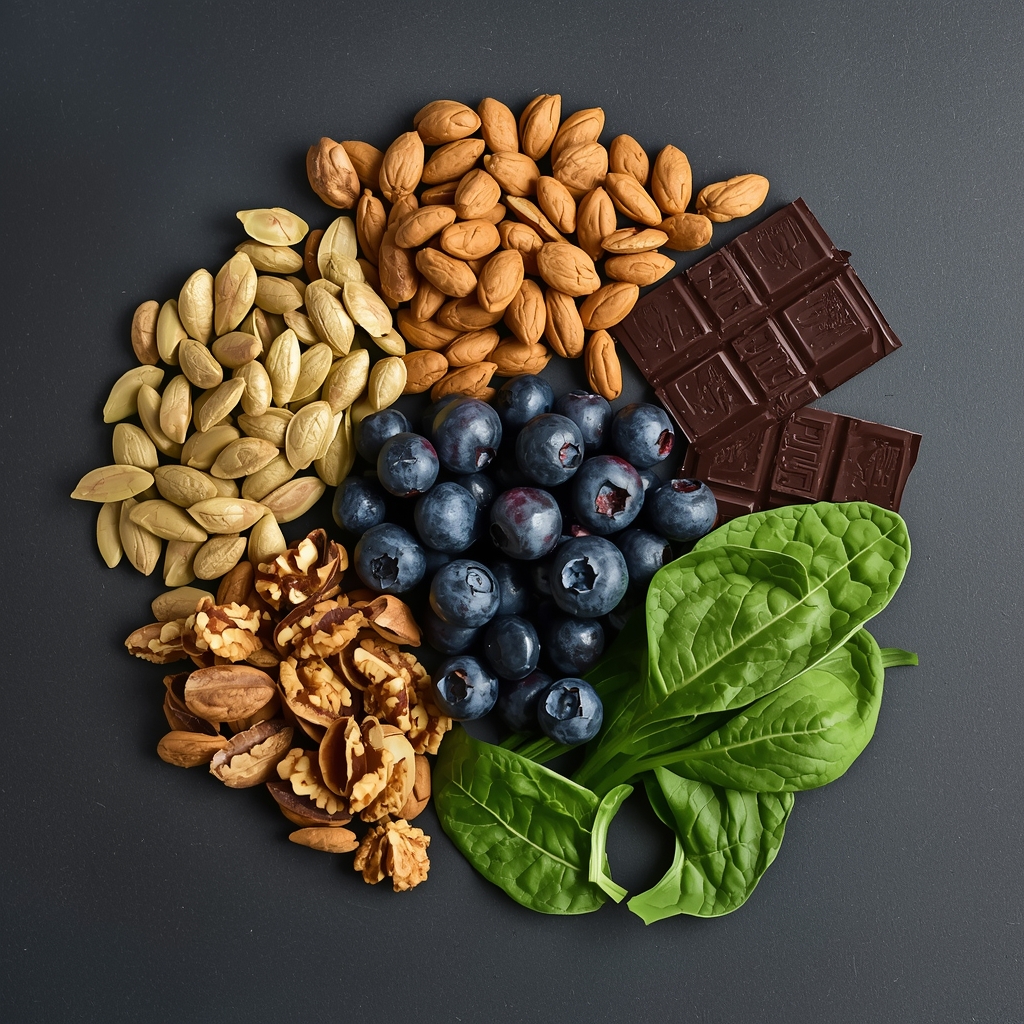 Selection of erectile health-supporting foods including pumpkin seeds, walnuts, dark chocolate, blueberries and spinach on a slate surface