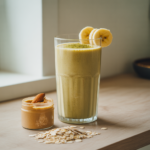 A tall glass filled with a creamy golden-green smoothie, garnished with two or three banana slices