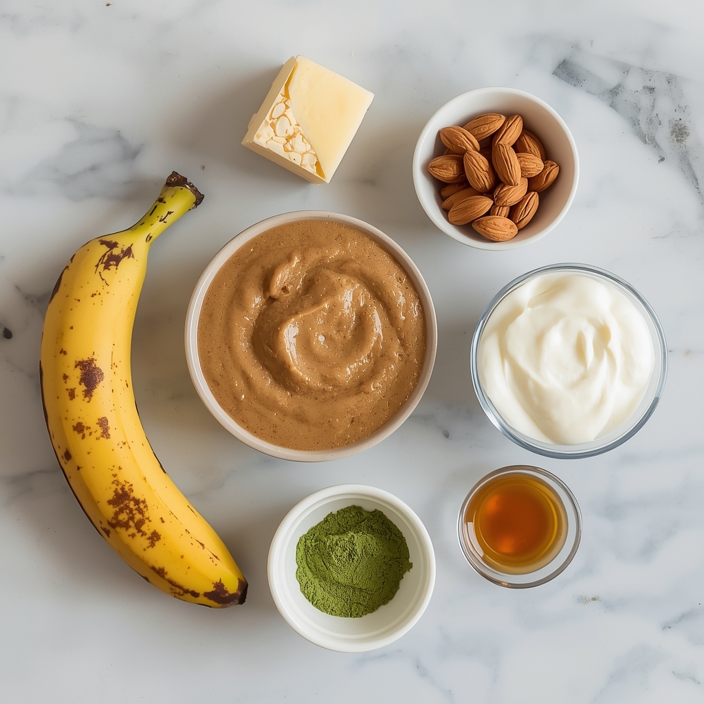 Vue d'ensemble des ingrédients du smoothie pré-entraînement : banane, flocons d'avoine, beurre d'amande, yogourt grec, poudre de matcha et miel sur surface en marbre