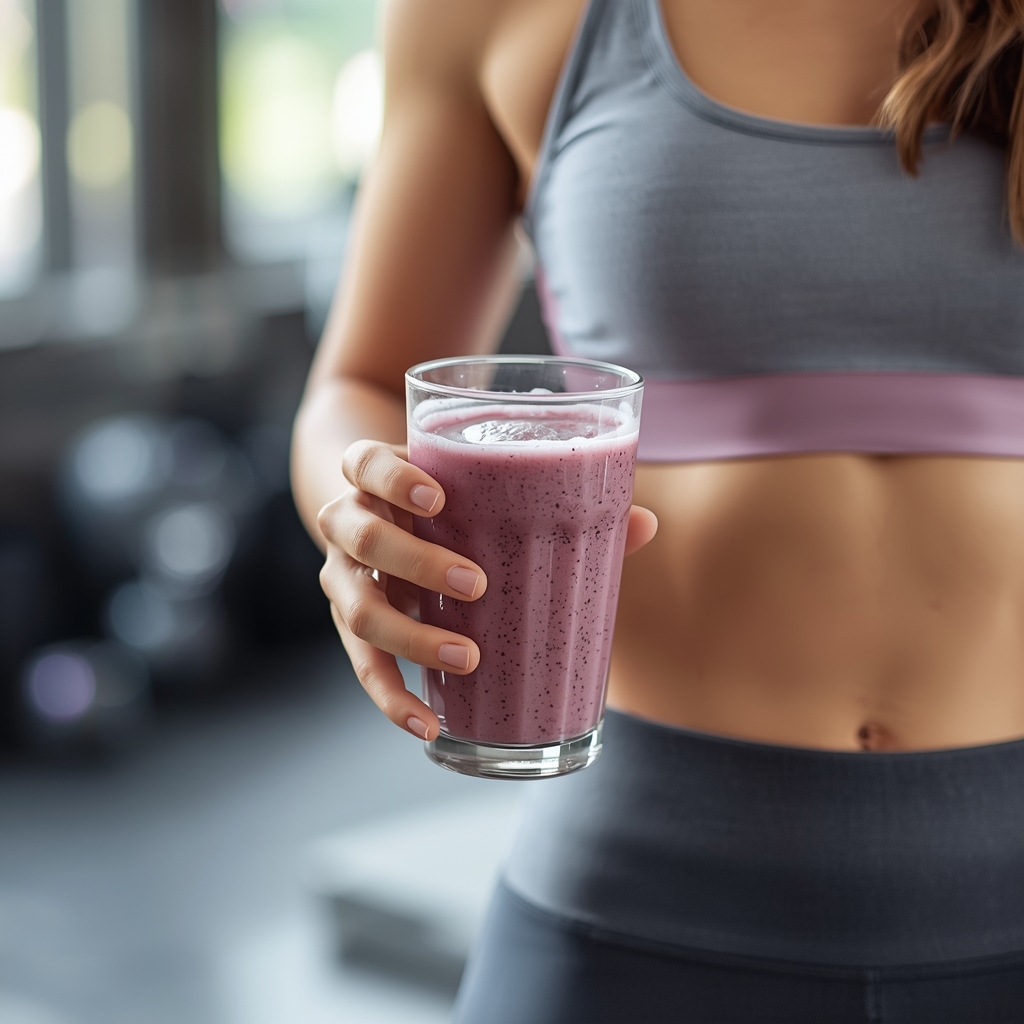 Personne tenant un verre de smoothie pré-entraînement avant une séance de sport, tenue athlétique, salle de gym en lumière naturelle