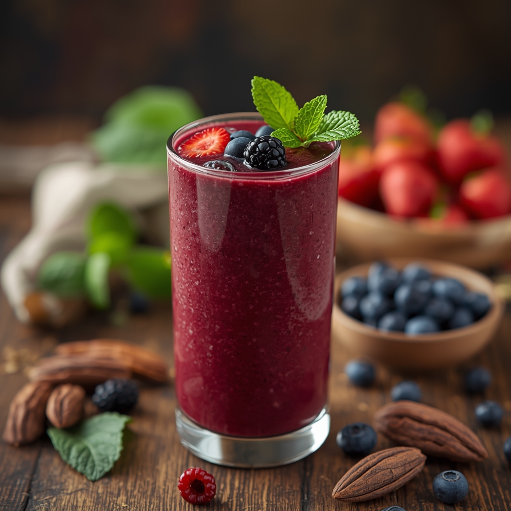 Smoothie naturel pour la libido avec betterave, baies et cacao dans un grand verre sur une table en bois avec des ingrédients frais autour