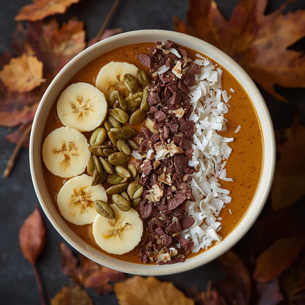 Bol smoothie à la citrouille – Une douceur santé d’Halloween | Bona Sanitas 2 Bol smoothie citrouille vu de dessus, garni de graines de courge, tranches de banane, éclats de cacao et flocons de coco sur un fond automnal sombre