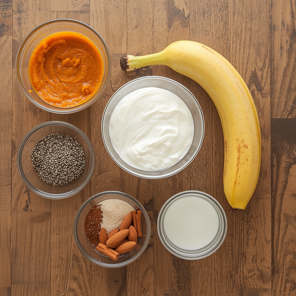 Bol smoothie à la citrouille – Une douceur santé d’Halloween | Bona Sanitas 3 Ingrédients du bol smoothie citrouille disposés sur une surface en bois : purée de citrouille, banane congelée, yaourt, cannelle, graines de chia, lait d'amande et garnitures