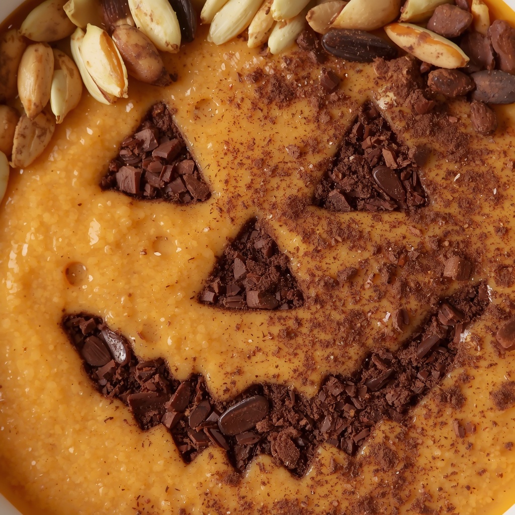 Bol smoothie à la citrouille – Une douceur santé d’Halloween | Bona Sanitas 4 Gros plan d'un bol smoothie citrouille décoré avec des garnitures à thème Halloween, graines de courge arrangées en visage de citrouille et poudre de cacao saupoudrée