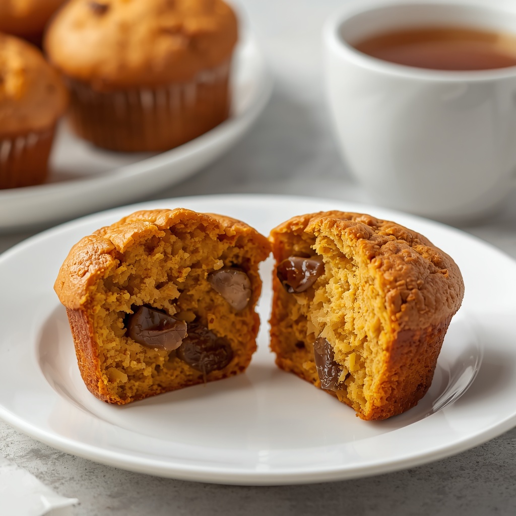 Muffin citrouille et dattes coupé en deux montrant l'intérieur moelleux avec des morceaux de dattes visibles, posé sur une assiette blanche avec une tasse de thé en arrière-plan