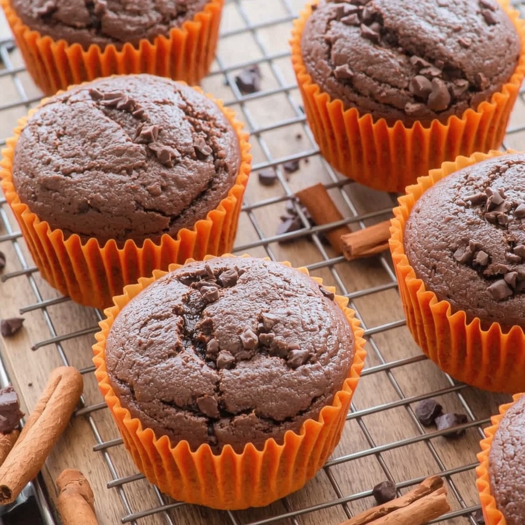 Vegan Pumpkin, Date & Dark Chocolate Muffins | Halloween Treat | Bona Sanitas 2 Freshly baked vegan pumpkin and dark chocolate muffins in orange Halloween paper liners on a wooden cooling rack, with scattered dark chocolate chunks and cinnamon sticks