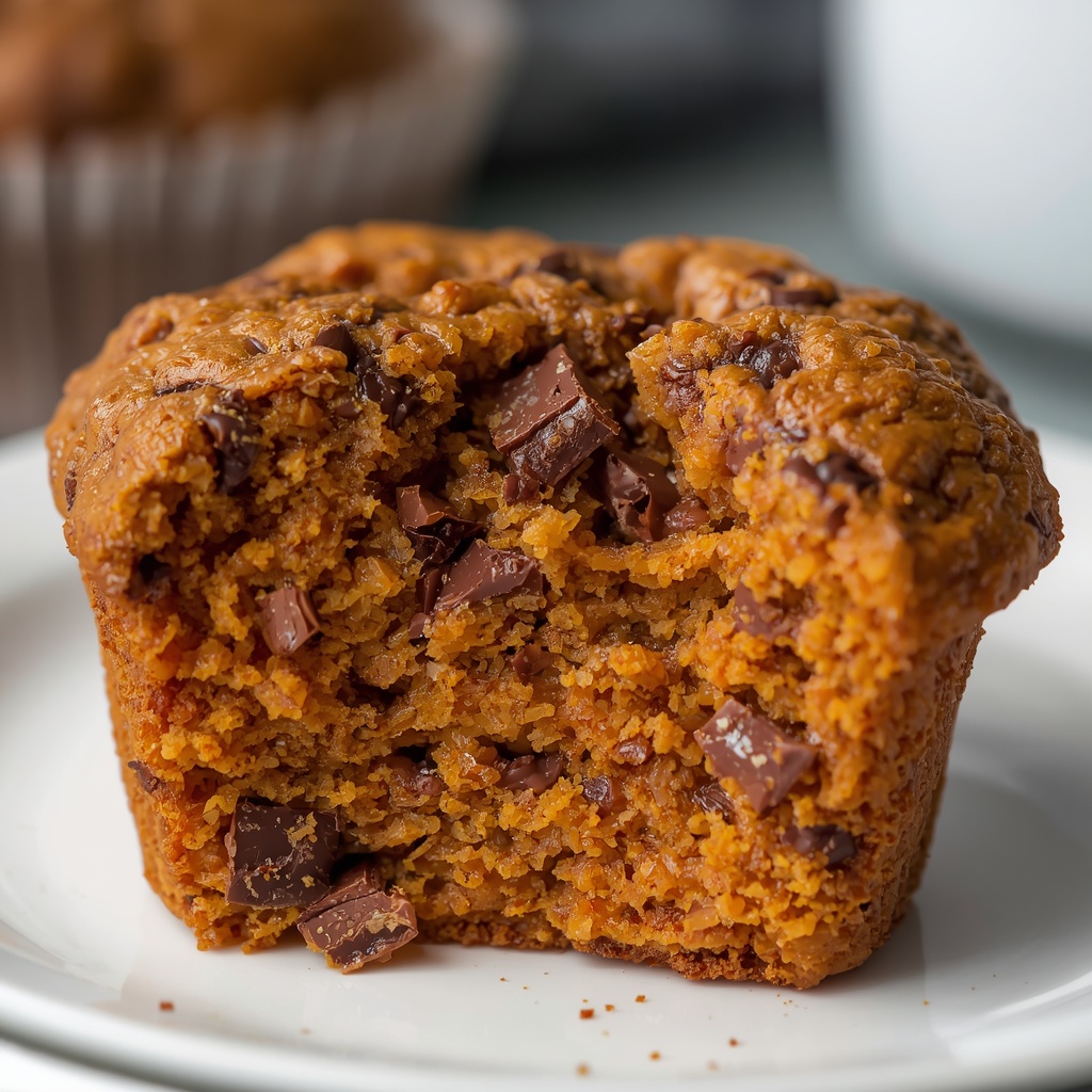 Vegan Pumpkin, Date & Dark Chocolate Muffins | Halloween Treat | Bona Sanitas 3 Cross-section of a vegan pumpkin and dark chocolate muffin showing moist orange crumb with visible chocolate chunks and date pieces, on a white ceramic plate