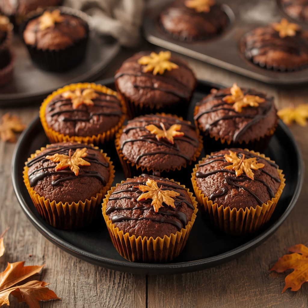 Vegan Pumpkin, Date & Dark Chocolate Muffins | Halloween Treat | Bona Sanitas 4 Platter of vegan pumpkin and dark chocolate Halloween muffins in festive black and orange paper liners, decorated with chocolate drizzle and autumn leaves on a rustic wooden surface