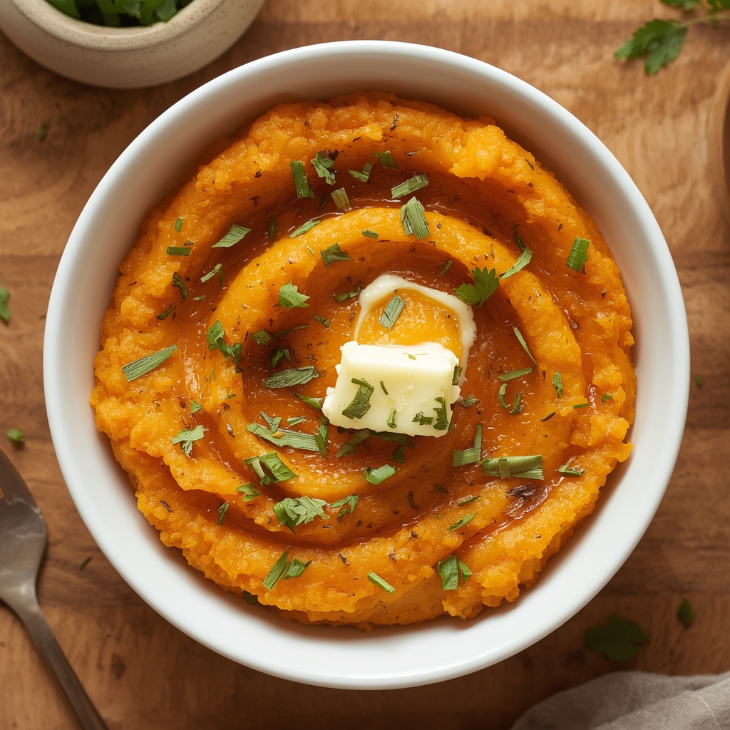 Creamy roasted maple sweet potato purée in a white bowl with a pat of butter and fresh herbs on a wooden table