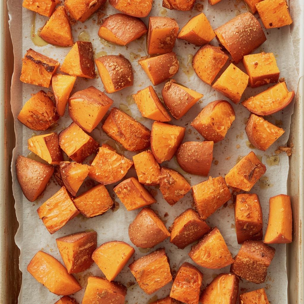 Raw sweet potato chunks tossed with maple syrup, olive oil, and cinnamon on a parchment-lined baking sheet ready for roasting