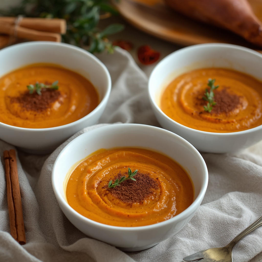Roasted maple sweet potato purée served in individual white bowls garnished with cinnamon and fresh thyme on a Thanksgiving table setting