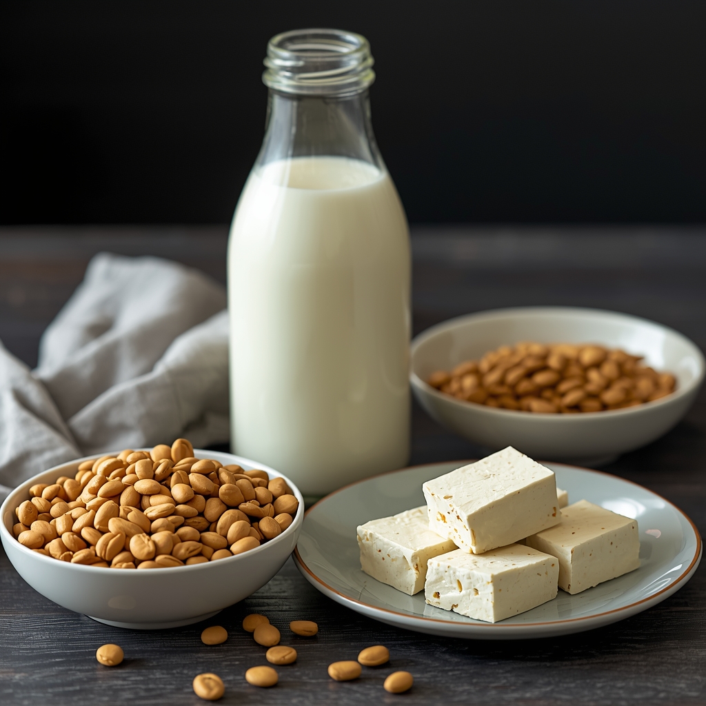 Soy-based products displayed on a dark wooden table: soybeans in a bowl, blocks of tofu on a plate, and a glass bottle of soy milk 
