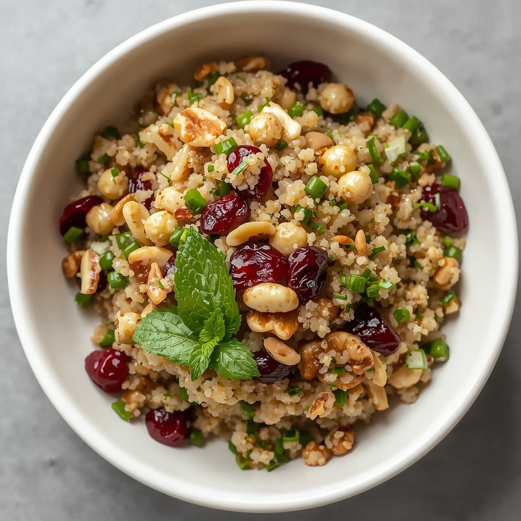 Salade tiède de quinoa, canneberges et herbes fraîches | Recette santé | Bona Sanitas 2 Salade tiède quinoa avec canneberges herbes fraîches et noix dans bol service blanc
