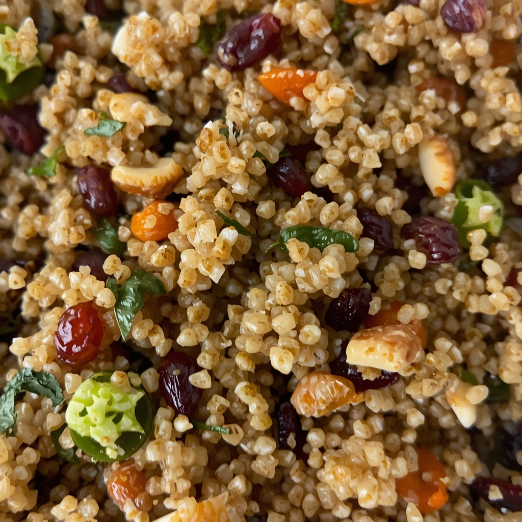 Salade tiède de quinoa, canneberges et herbes fraîches | Recette santé | Bona Sanitas 3 Gros plan quinoa moelleux avec canneberges séchées herbes et noix grillées