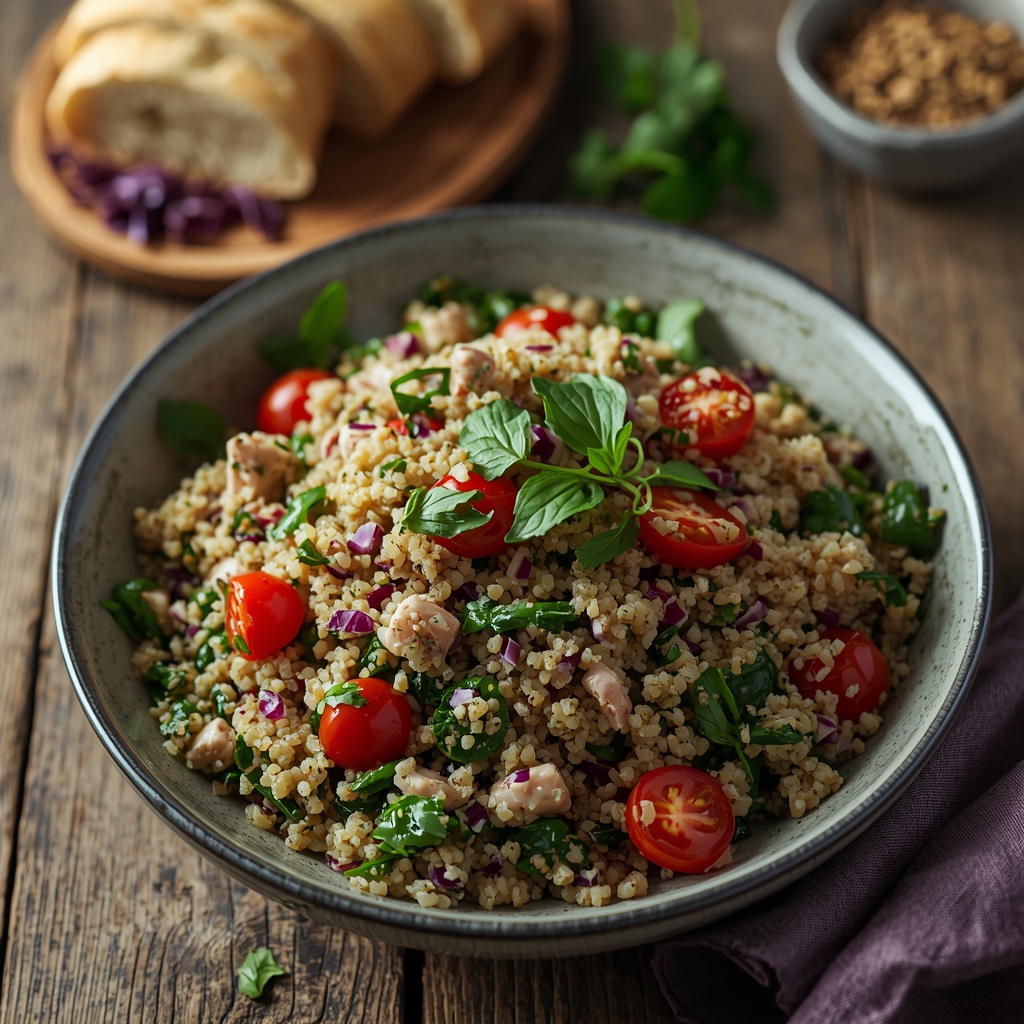 Salade tiède de quinoa, canneberges et herbes fraîches | Recette santé | Bona Sanitas 4 Salade quinoa santé servie comme plat principal avec pain croustillant sur table rustique