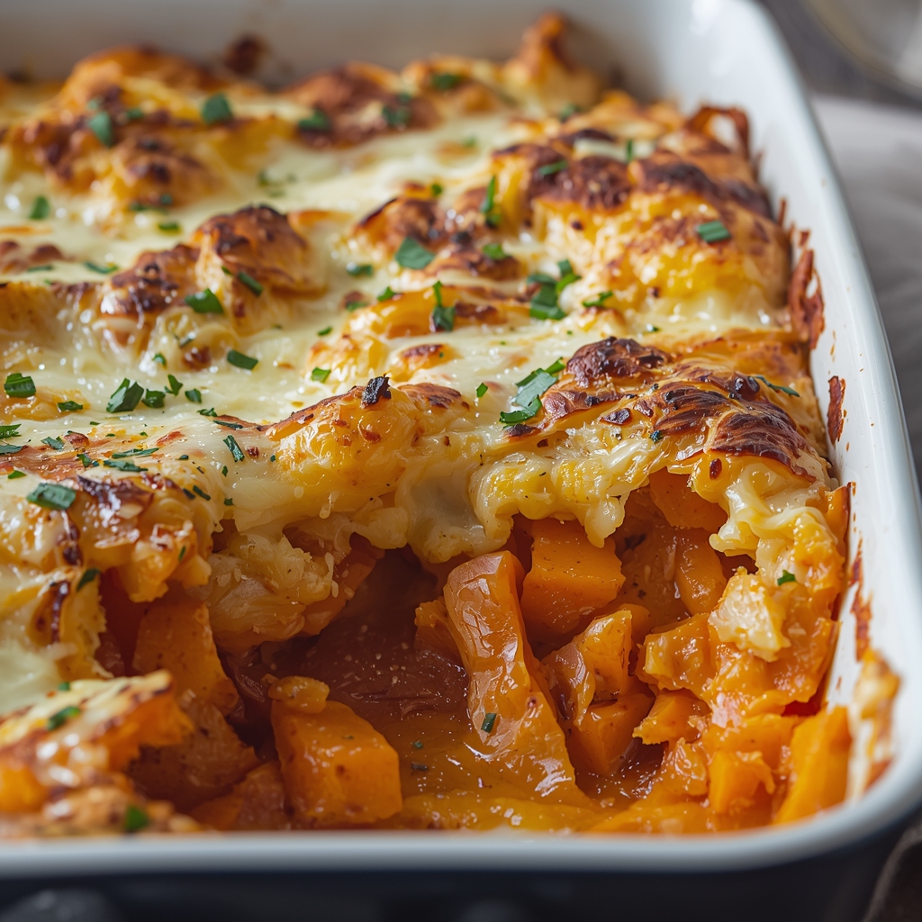 Light sweet potato and butternut squash gratin with golden cheese crust in baking dish