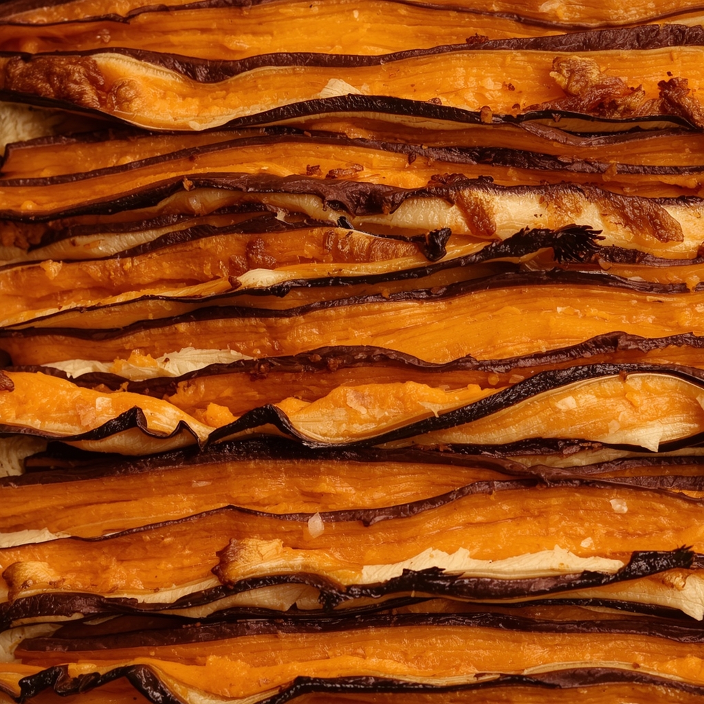 Close-up of layered sweet potato squash gratin showing creamy texture and sage