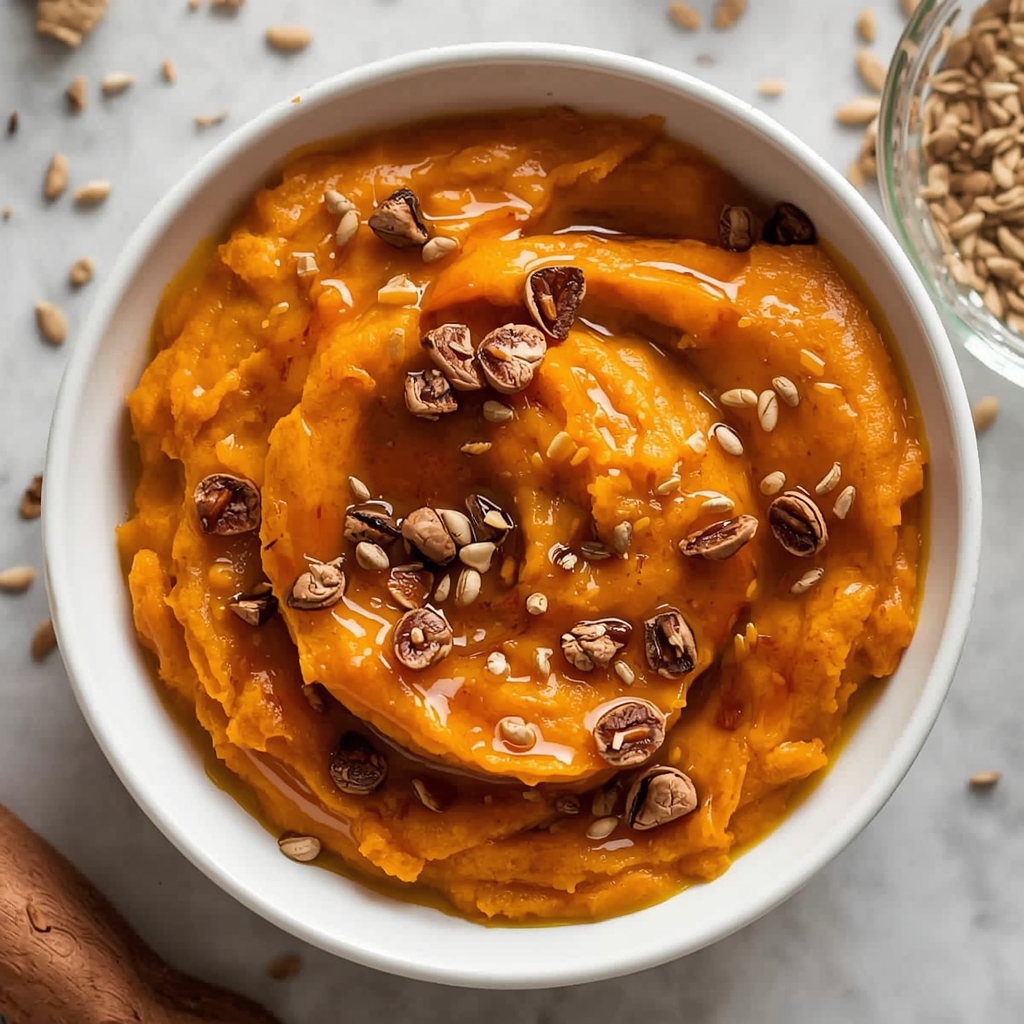 Roasted Sweet Potatoes with Cinnamon & Rosemary | Thanksgiving side dish | Bona Sanitas 2 Creamy roasted maple sweet potato puree in white serving bowl with maple drizzle