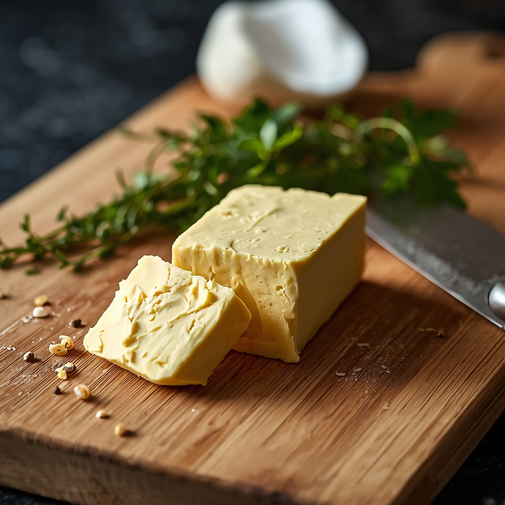 Beurre frais nourri herbe sur planche à découper avec herbes éclairage naturel