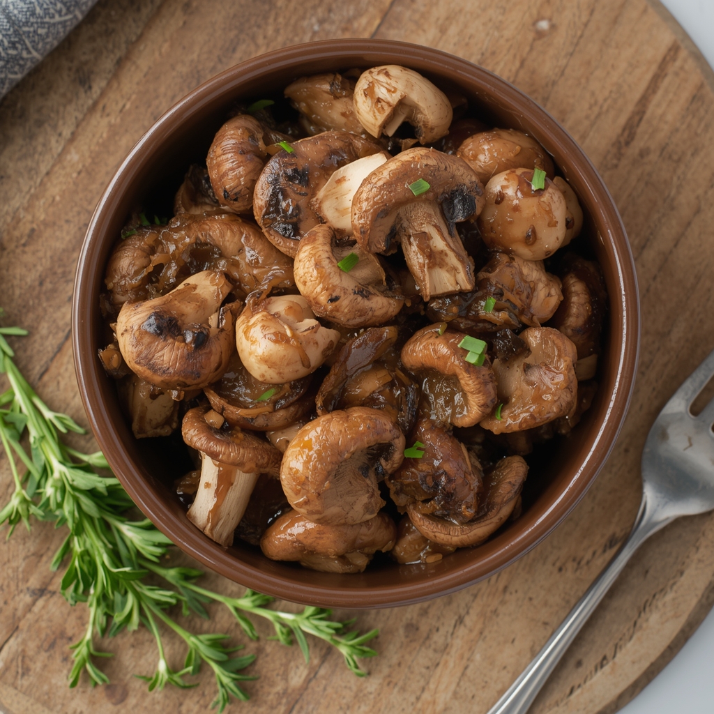 Champignons sautés au thym et vinaigre de cidre dans un bol en céramique brune sur une planche en bois avec des brins de thym frais à côté