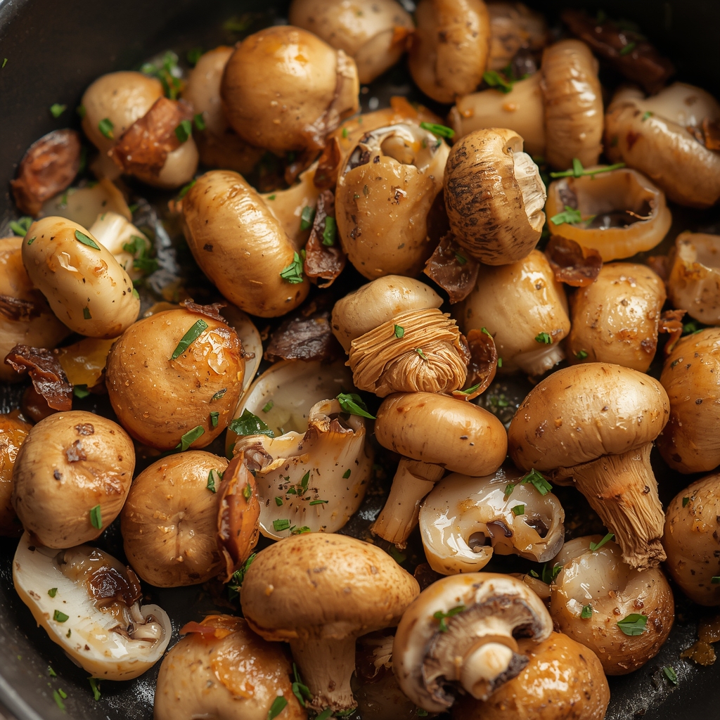 Champignons mélangés — cremini, shiitake et pleurotes — en train de sauter dans une poêle en fonte avec du thym frais et de l'ail, dorés et brillants