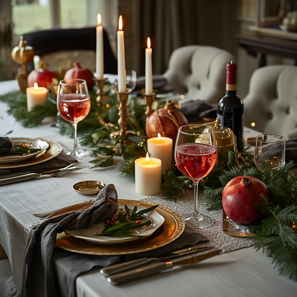 Elegant New Year's Eve table set for a healthy feast with pomegranate cocktails, candlelight, and winter greenery decorations