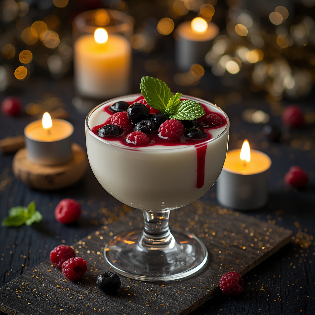 Coconut vanilla panna cotta in a glass topped with mixed berry compote and a mint leaf on a candlelit New Year's Eve table