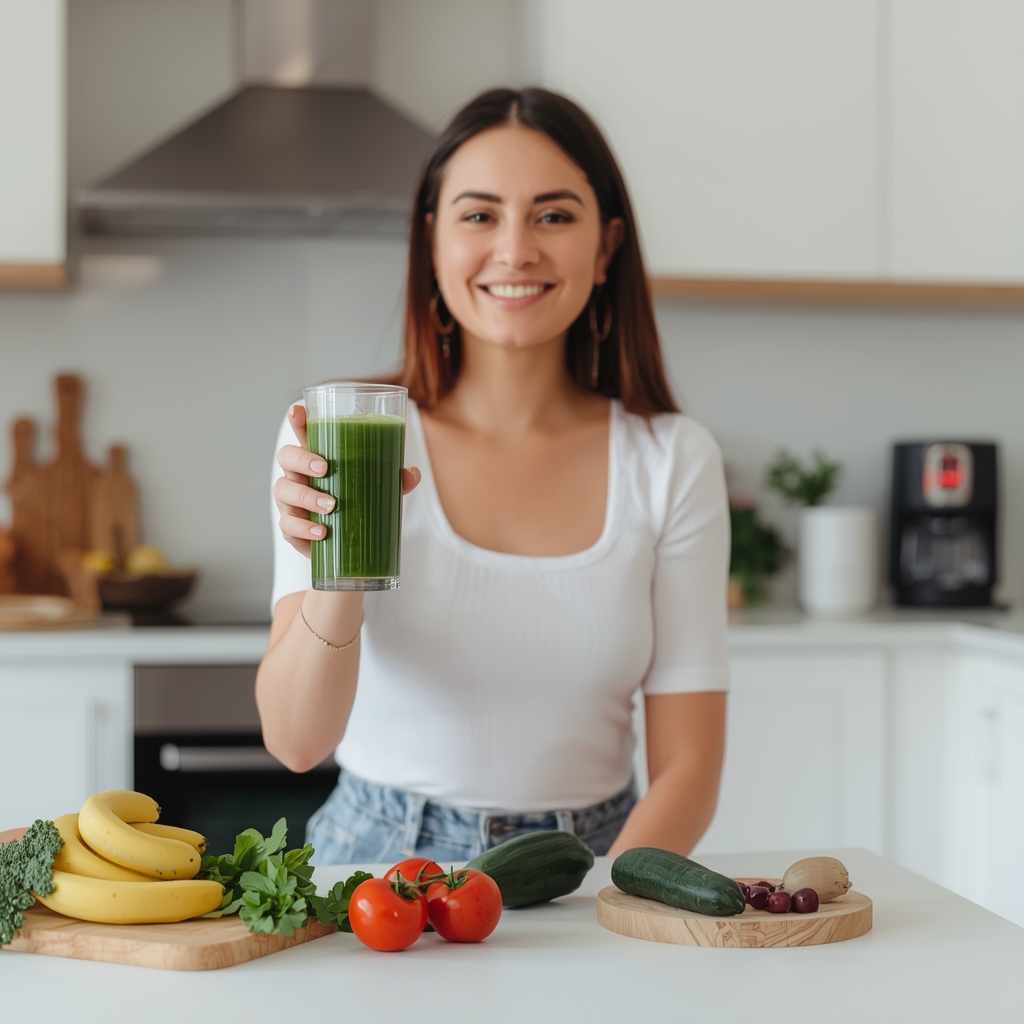 Woman holding a glass of green detox smoothie in a bright kitchen with fresh vegetables and fruits on the counter beside her