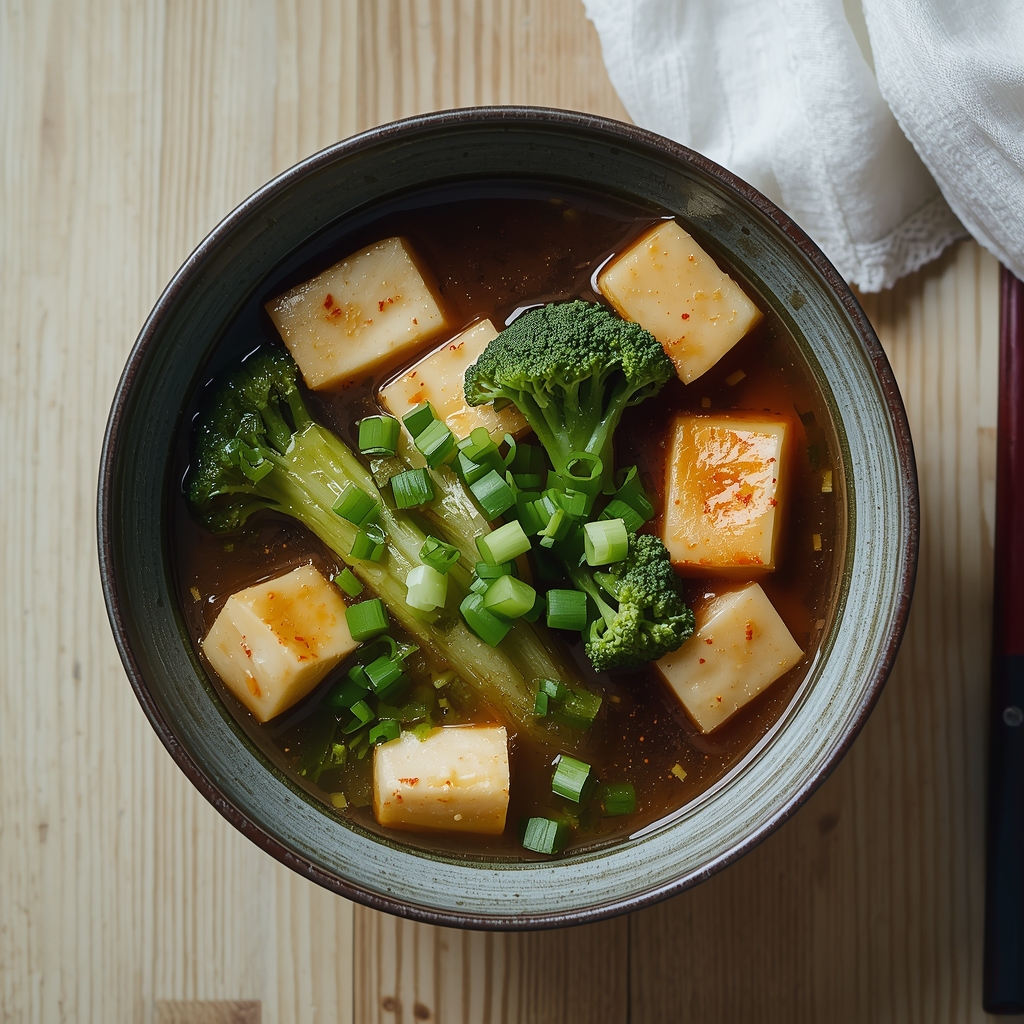 Miso soup bowl with broccoli, tofu, bok choy and spring onions on a light wooden table with chopsticks alongside