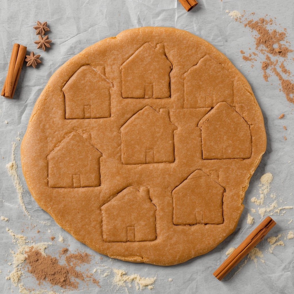 Casa de Pan de Jengibre: Receta Tradicional para una Navidad Mágica | Bona Sanitas 3 Masa de pan de jengibre extendida sobre una superficie con papel vegetal, con las plantillas de la casa cortadas y listas para hornear, con palitos de canela y especias alrededor